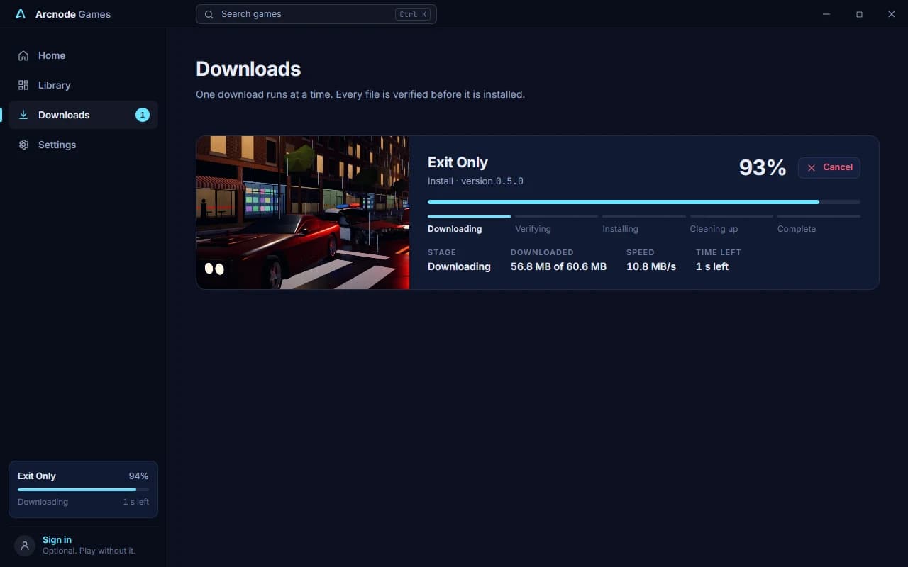 Arcnode Games downloading Exit Only, with stages, speed and time left