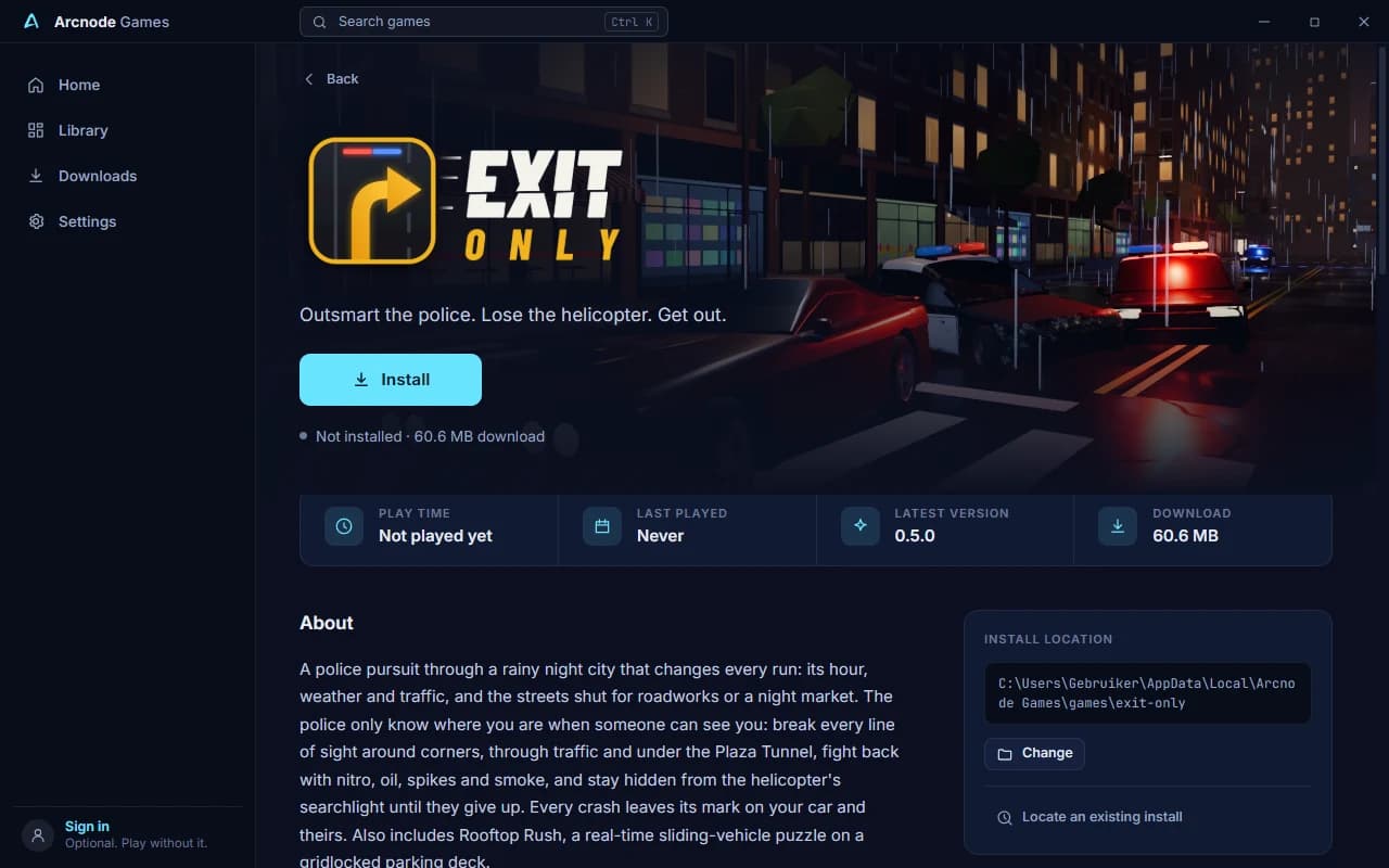 The full Exit Only game page with details, screenshots and patch notes