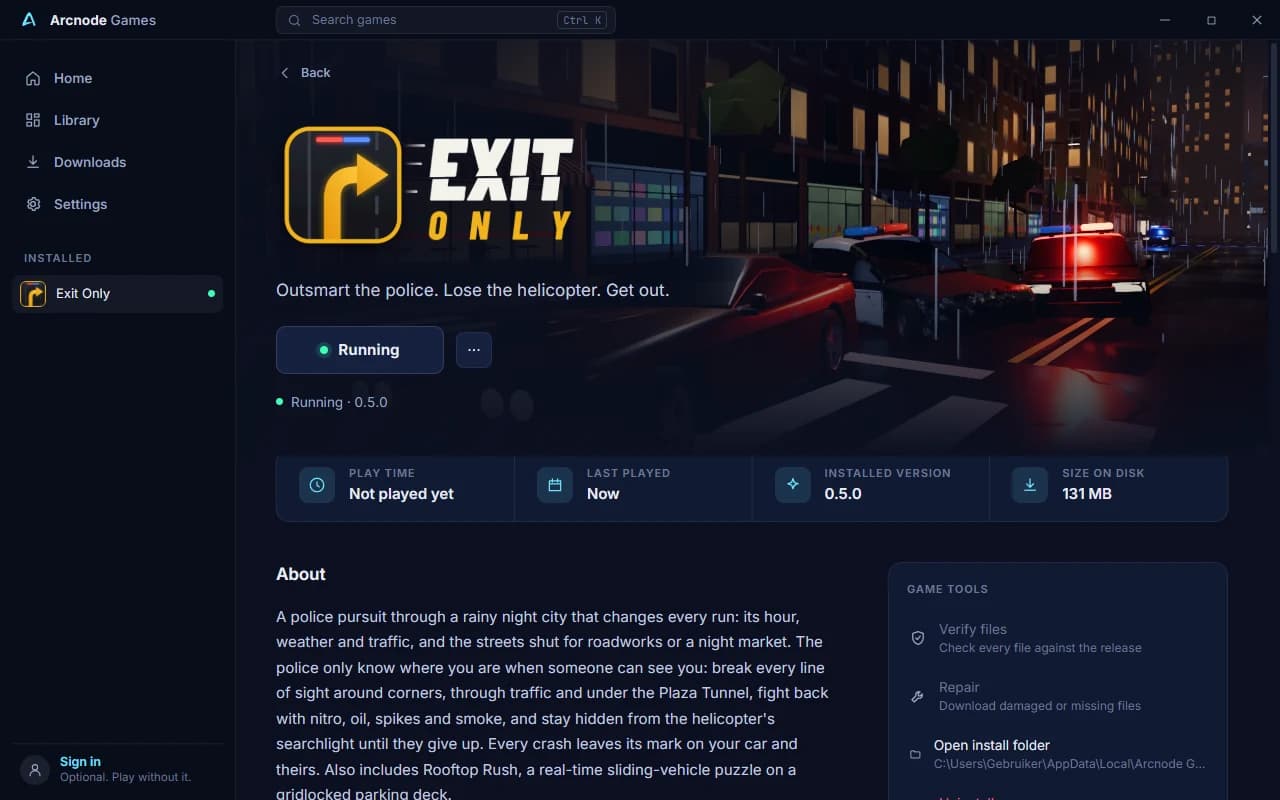 The Exit Only page in Arcnode Games while the game is running