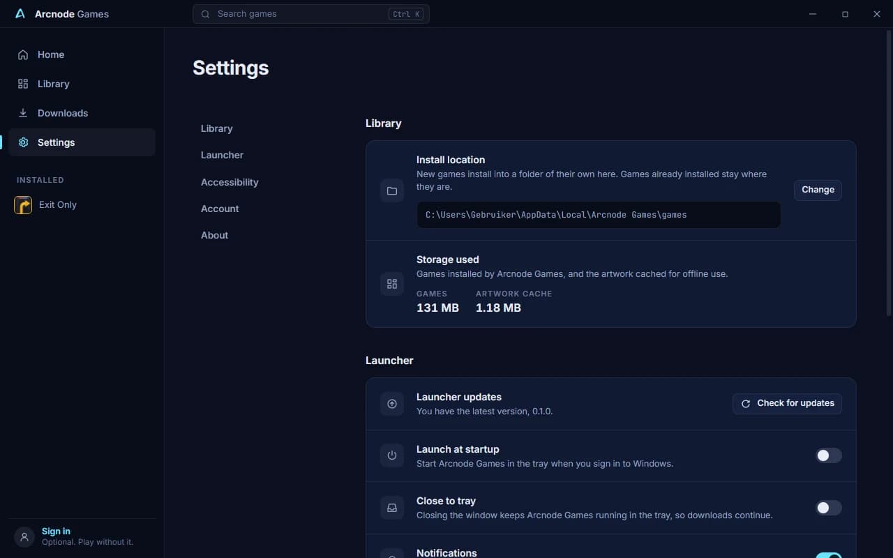 Arcnode Games settings: install location, storage, updates and accessibility