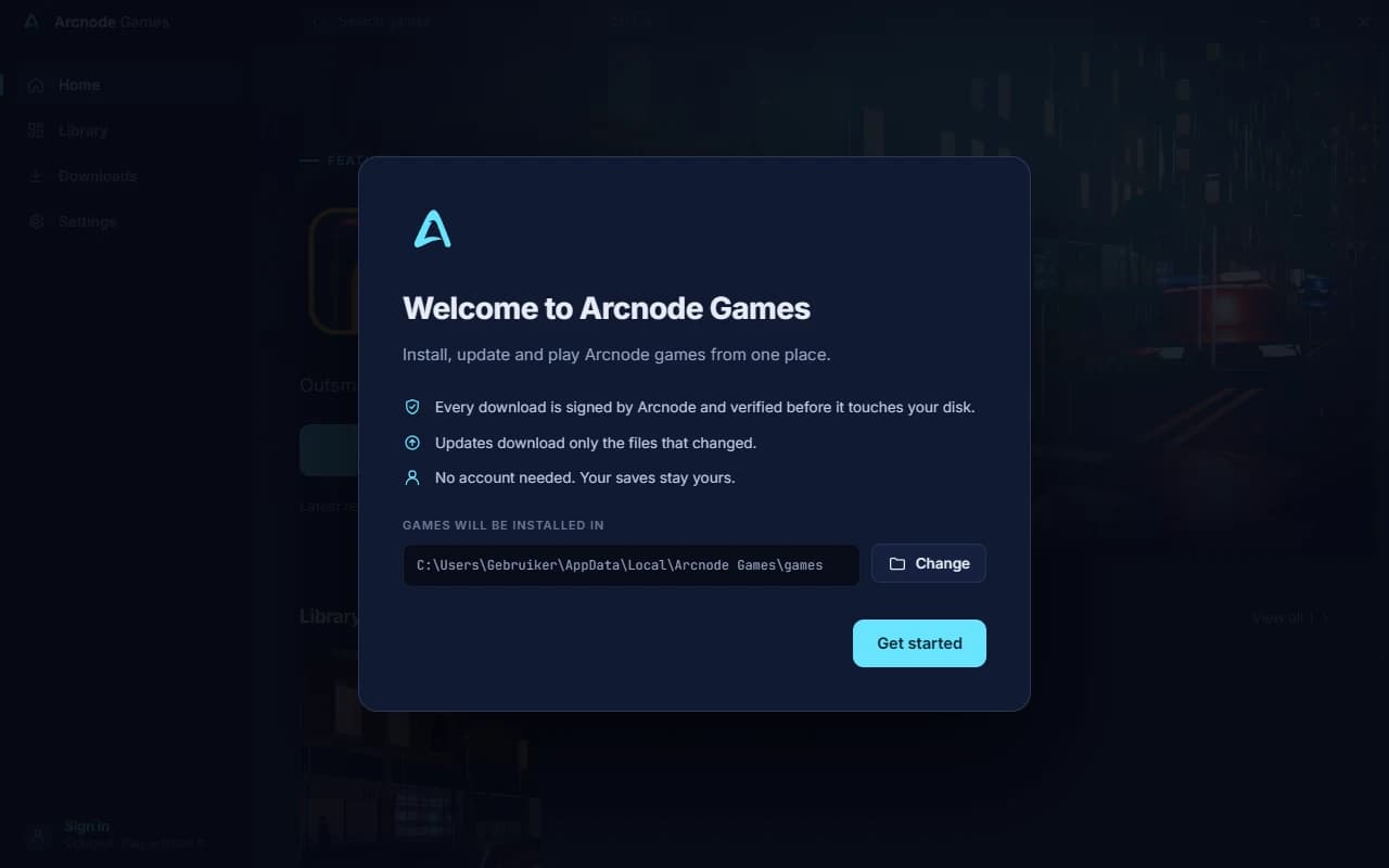 The Arcnode Games welcome screen with the install location