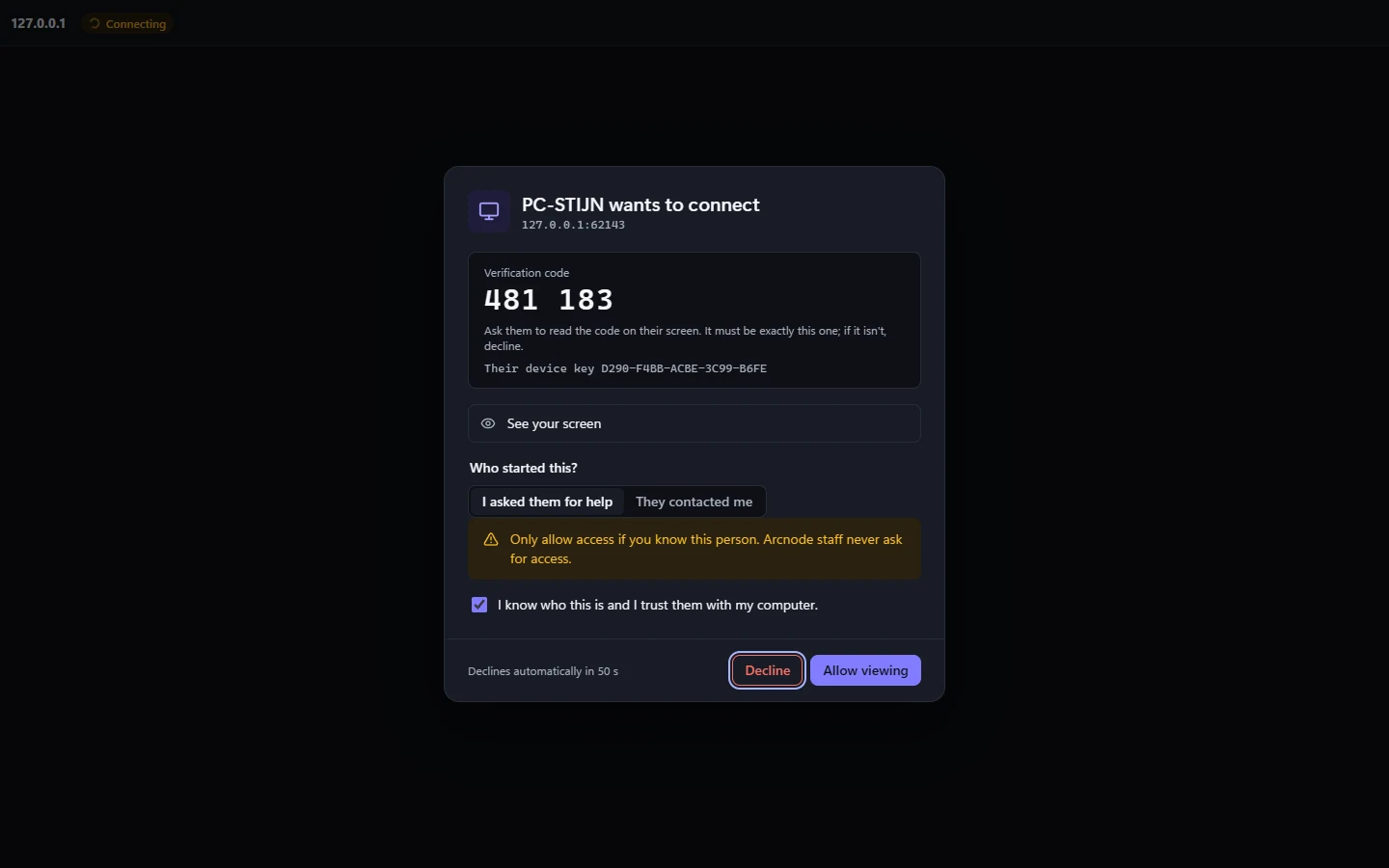 The request on the other computer: the same verification code, who started this, and Allow viewing