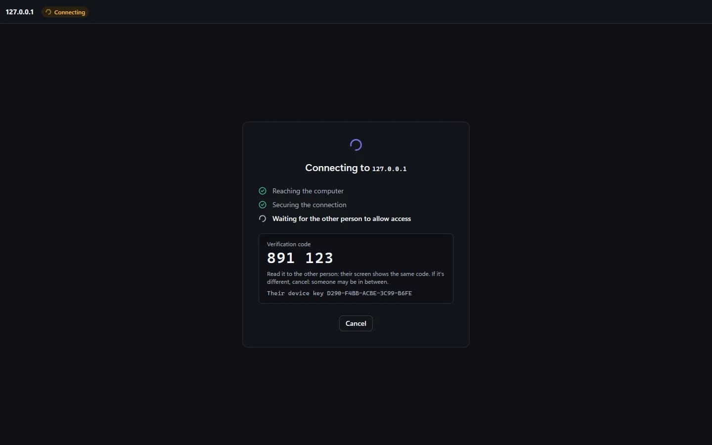 Connecting: the connection is secured and the six-digit verification code is shown while waiting for approval