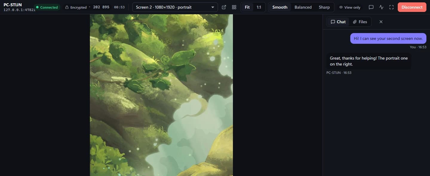 Arcnode Remote: a live session on a portrait screen with the chat panel open