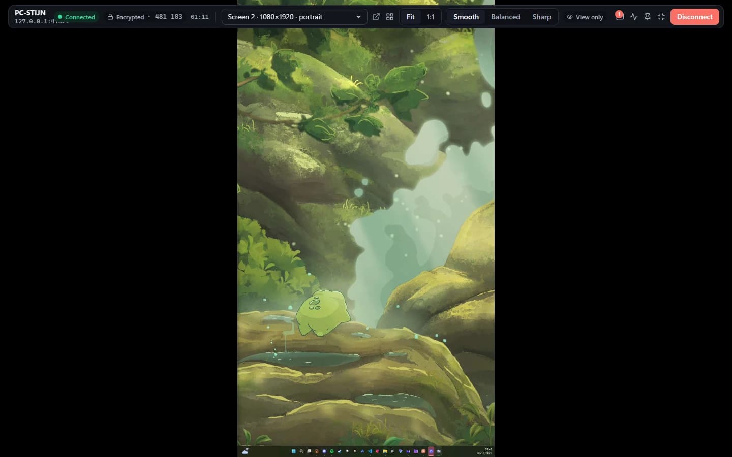 Full screen, with the toolbar floating over the remote screen