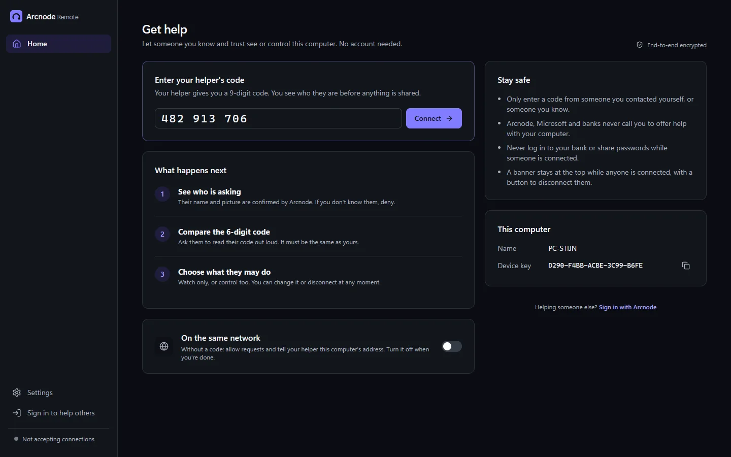 Get help: entering the helper's nine-digit code, what happens next, and how to stay safe