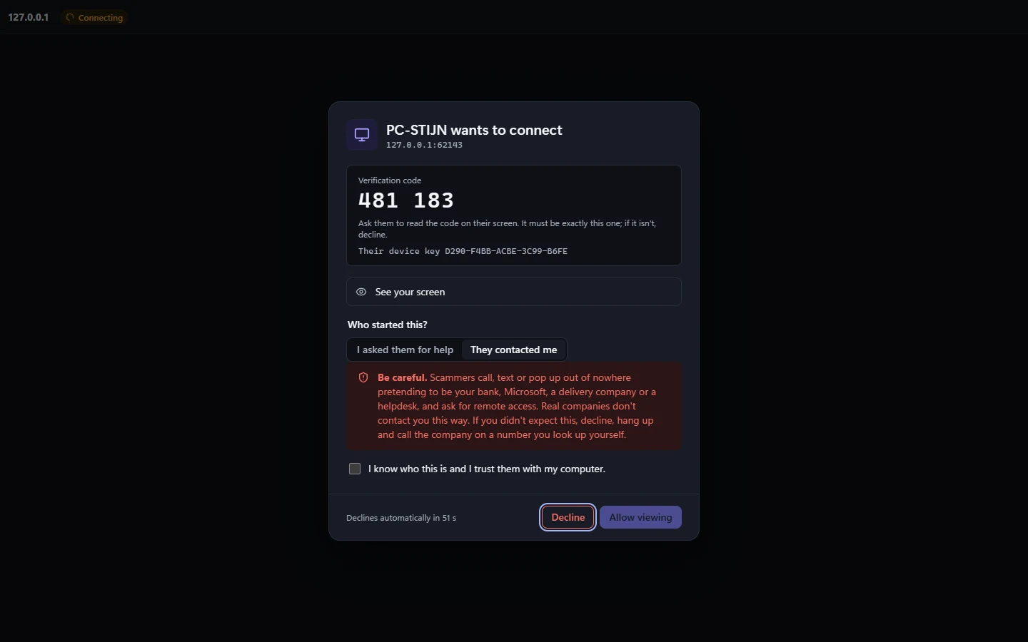 After choosing "They contacted me", a warning about callers posing as a bank, Microsoft or a helpdesk