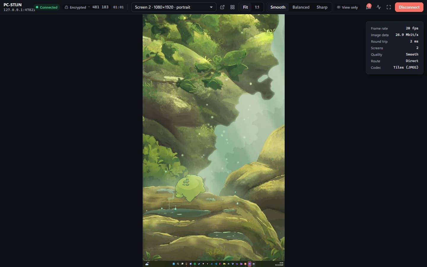 A live view-only session on a portrait screen, with the screen picker, quality presets and connection statistics