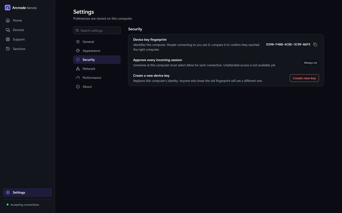 Security settings: the device key fingerprint, approval for every session and a new device key