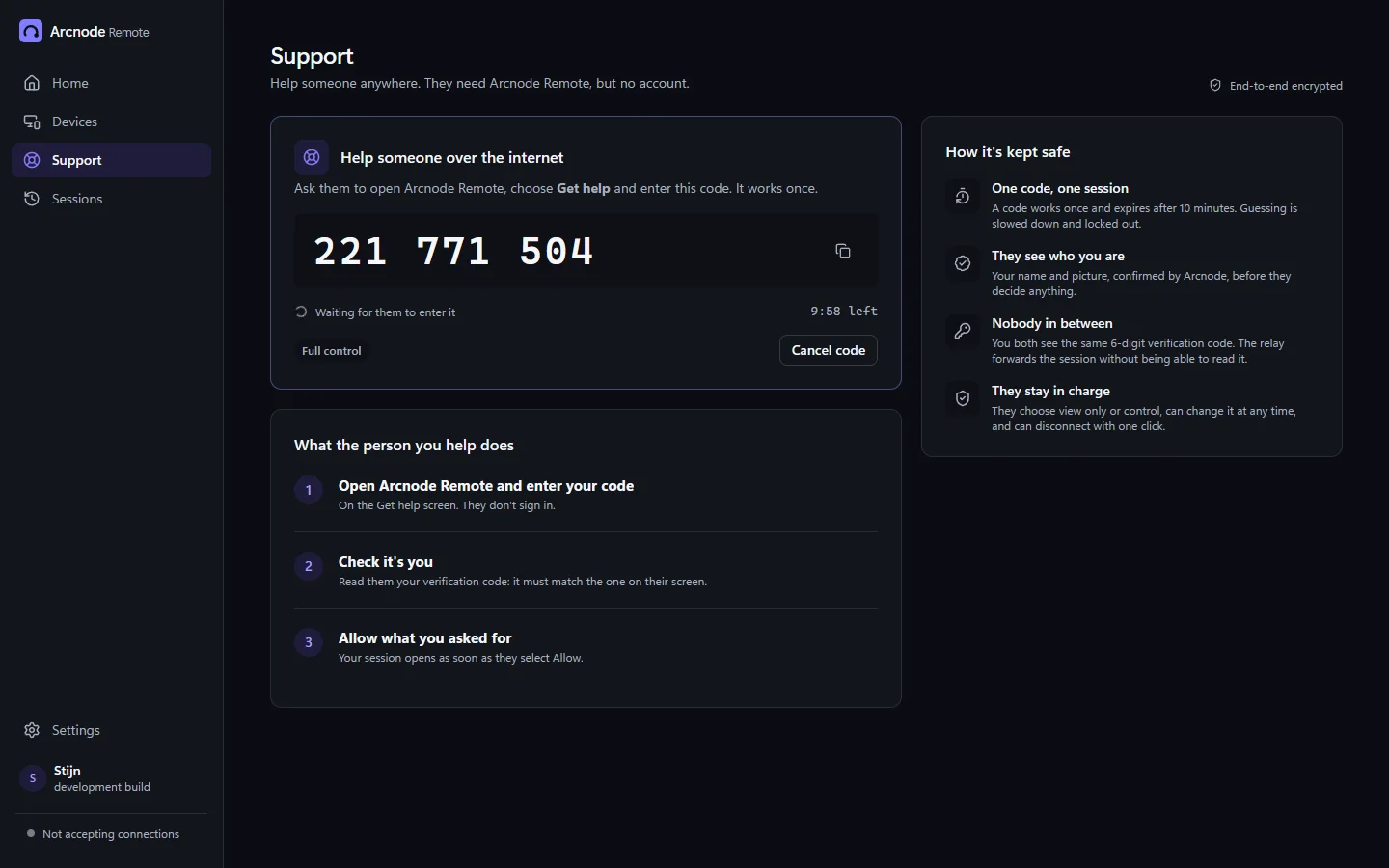 Support: a nine-digit session code with its countdown, waiting for the other person to enter it