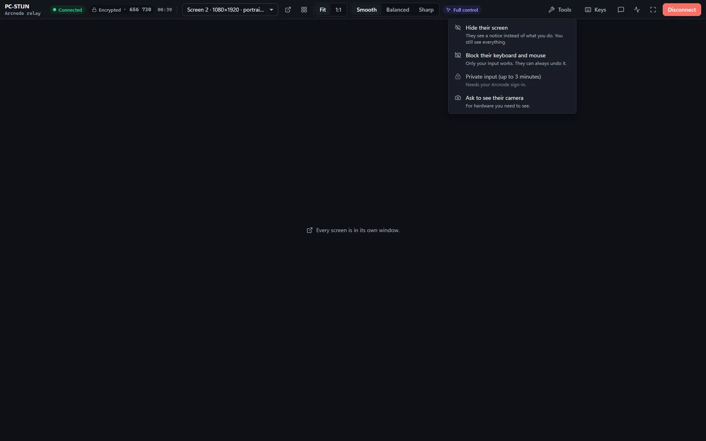 The Tools menu in a session: hide their screen, block their keyboard and mouse, private input and their camera