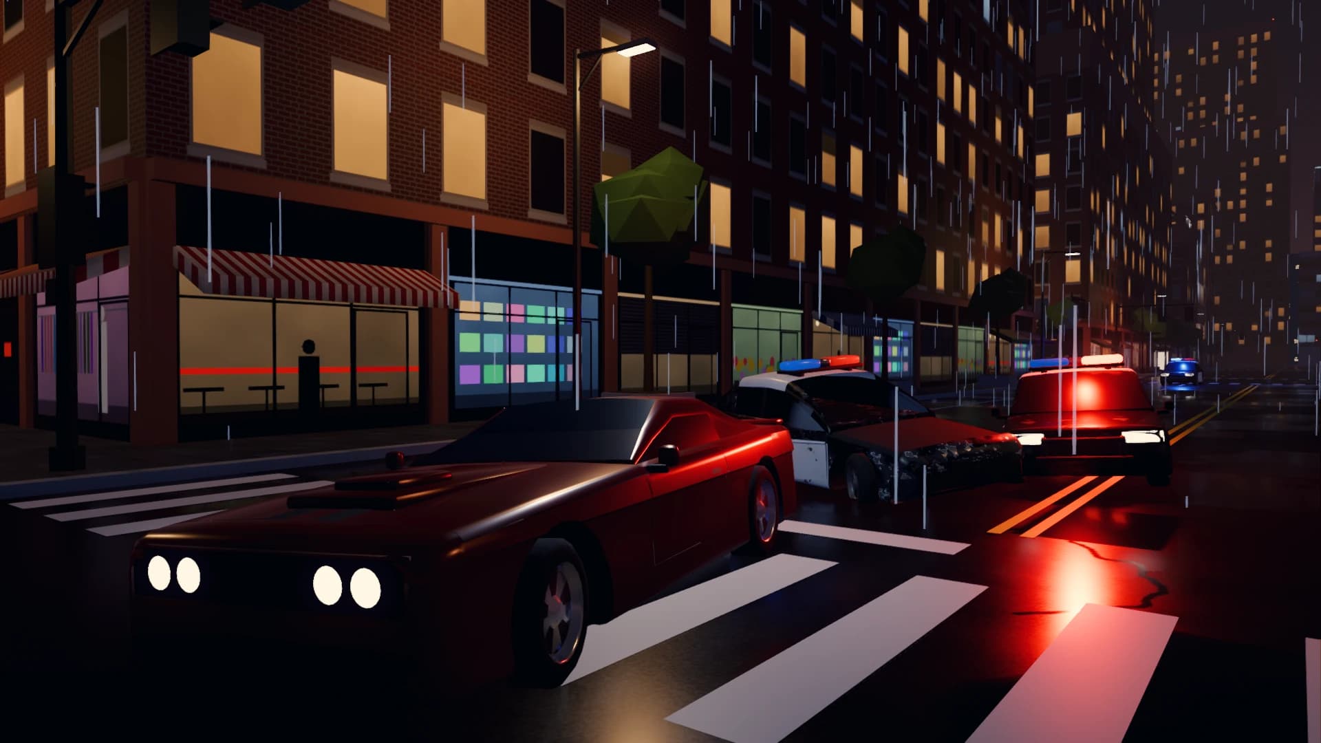 A red muscle car with two police cruisers right behind it at a rainy crosswalk