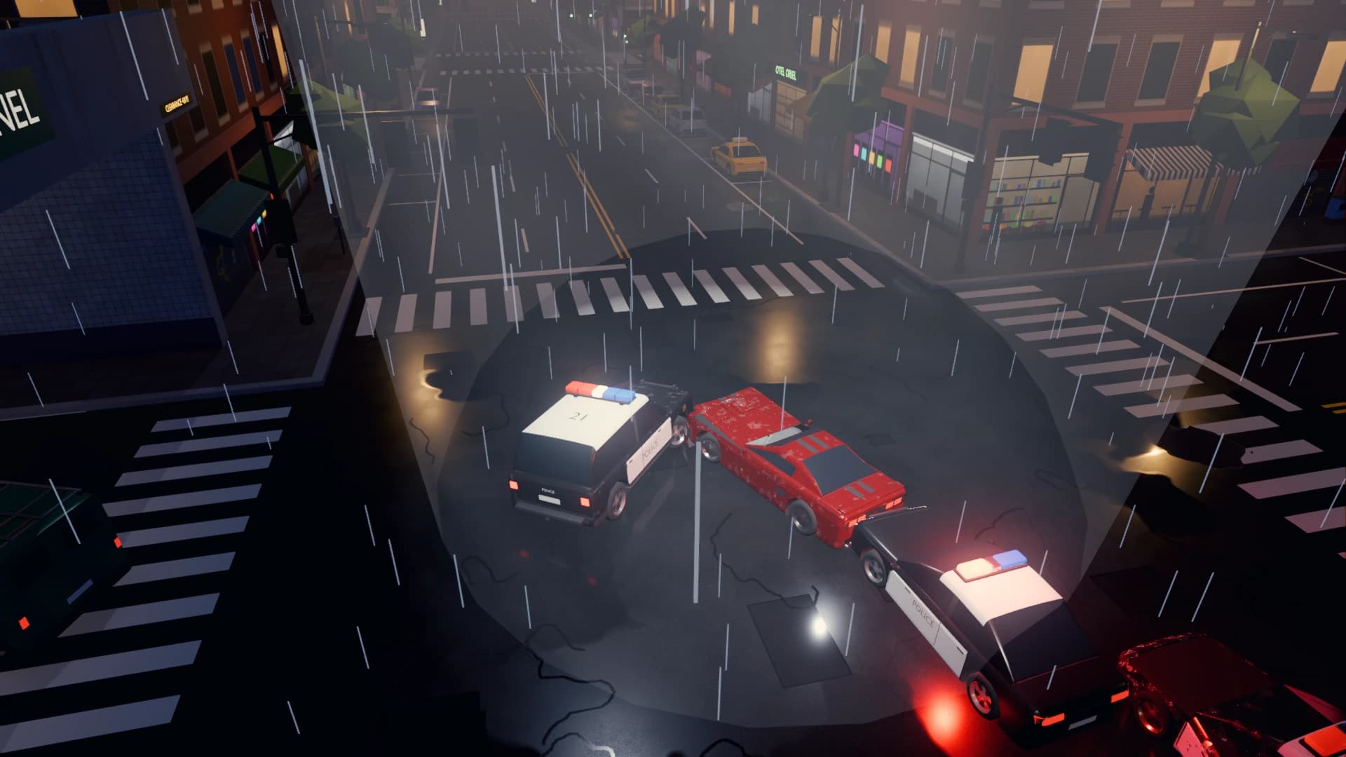 Seen from above, police cruisers box in the red car under the helicopter searchlight
