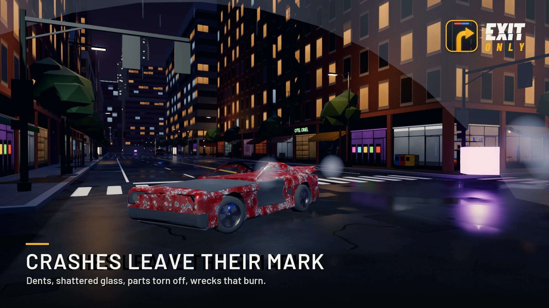Crashes leave their mark: dents, shattered glass, parts torn off, wrecks that burn
