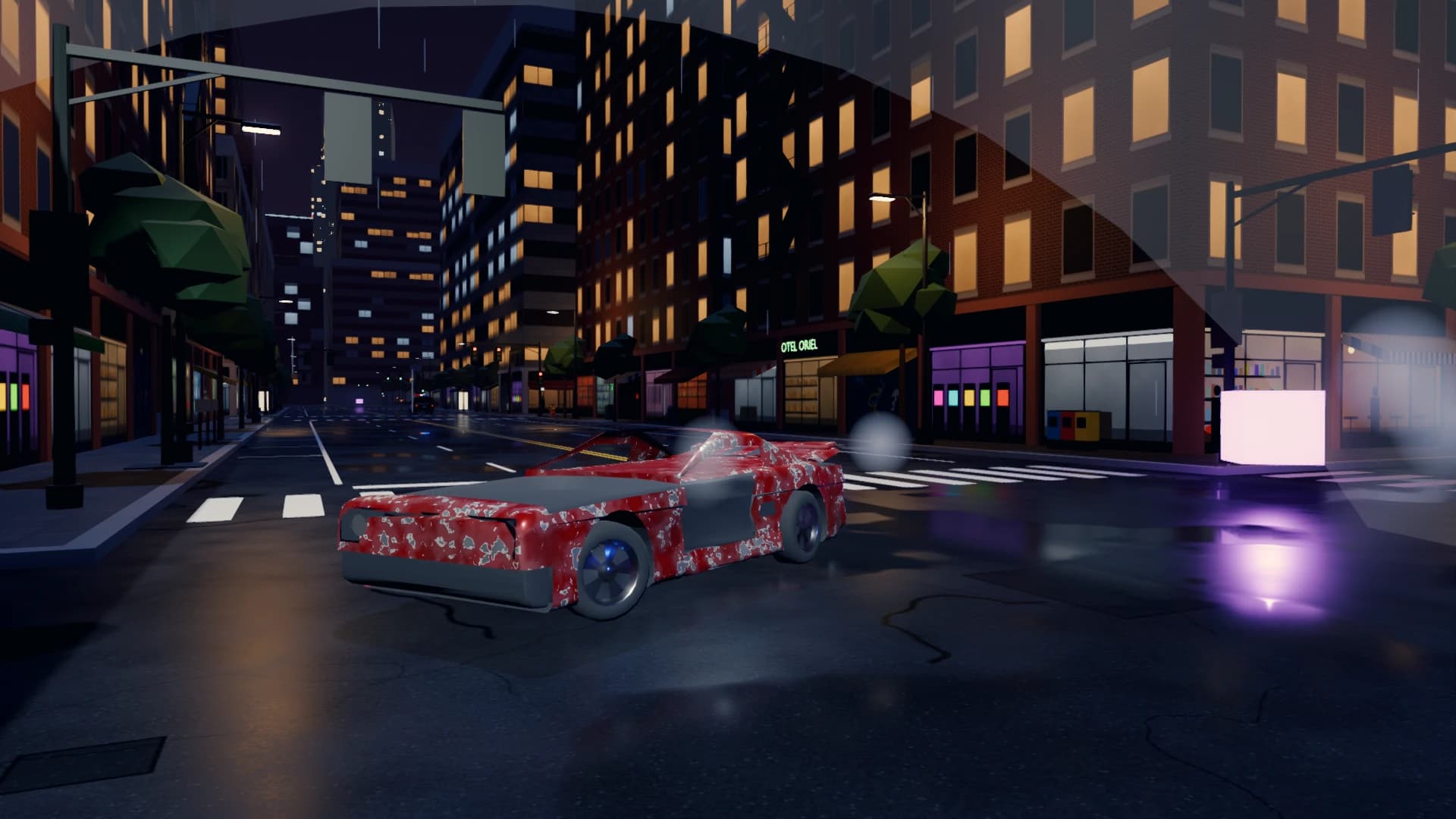 The red car covered in dents and scraped paint at a night intersection, smoke drifting off it