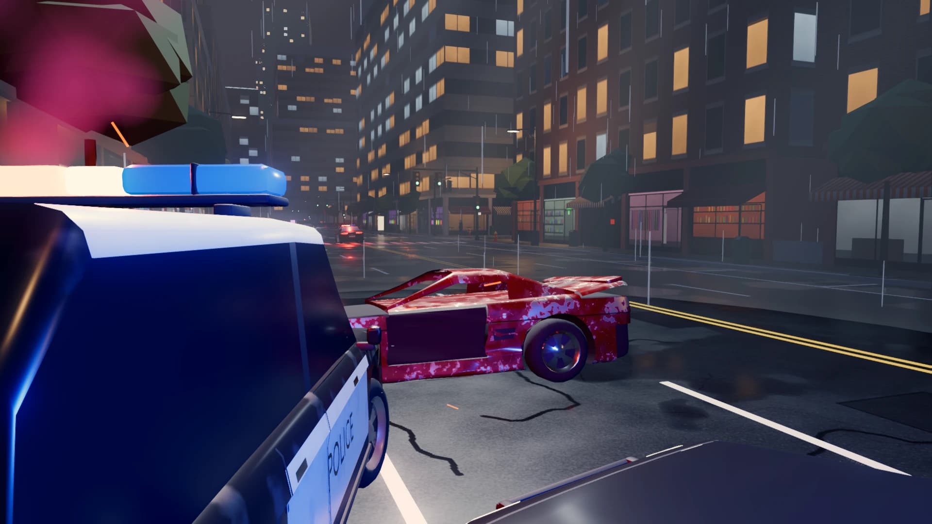 A police SUV rams the damaged red car from the side