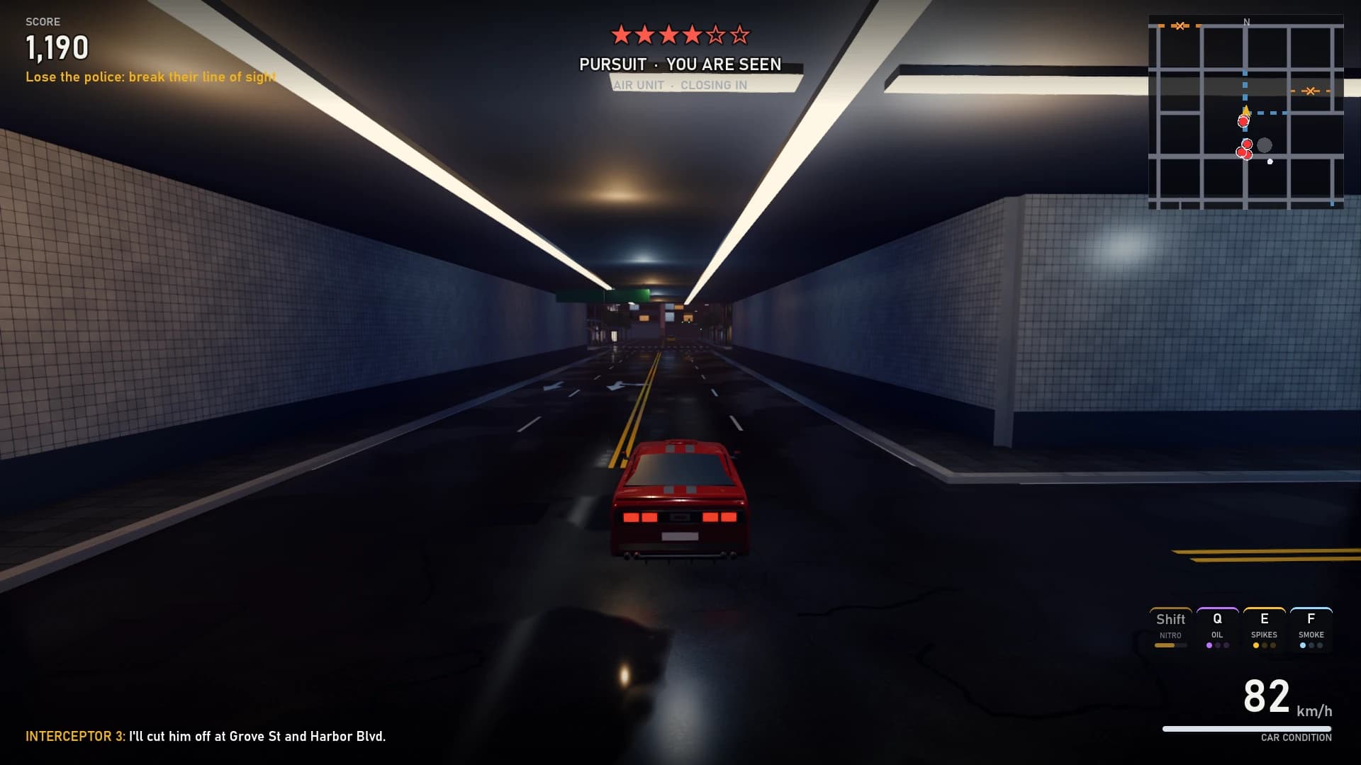 The chase camera in the Plaza Tunnel, with the score, wanted stars, map and speed on screen