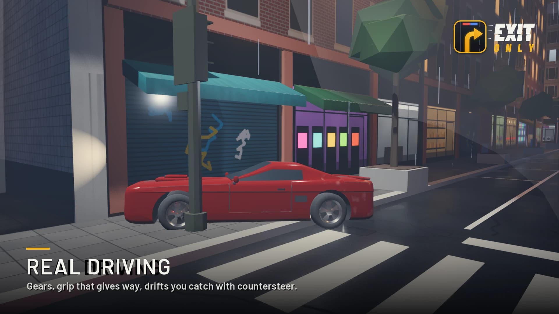 Real driving: gears, grip that gives way, drifts you catch with countersteer