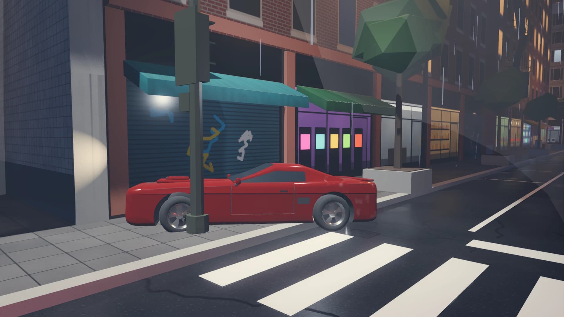 The red muscle car parked beside a traffic light outside a shuttered storefront