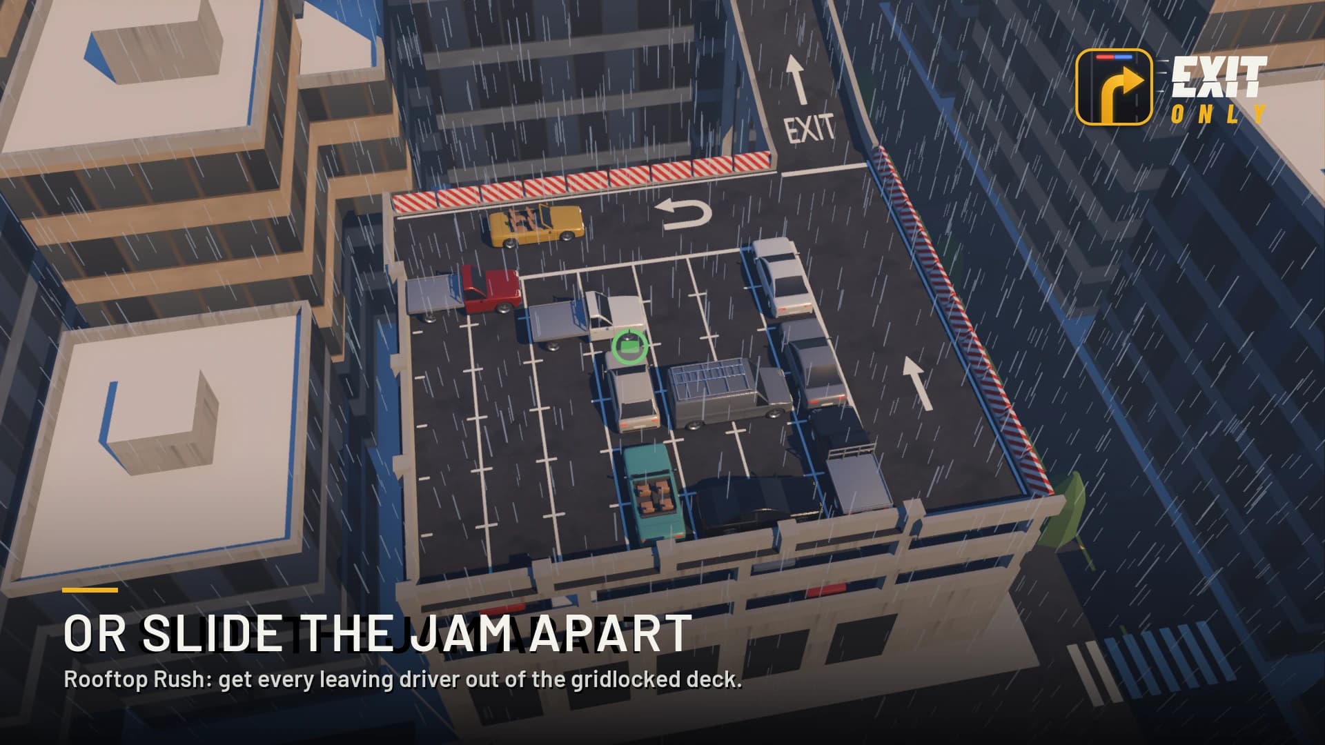 Or slide the jam apart: Rooftop Rush, get every leaving driver out of the gridlocked deck
