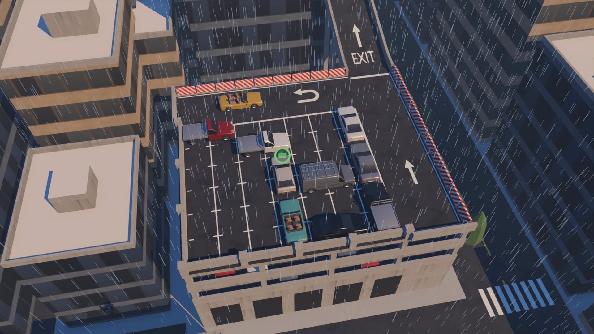 Rooftop Rush from above: cars and vans packed on a rooftop parking deck next to the EXIT lane