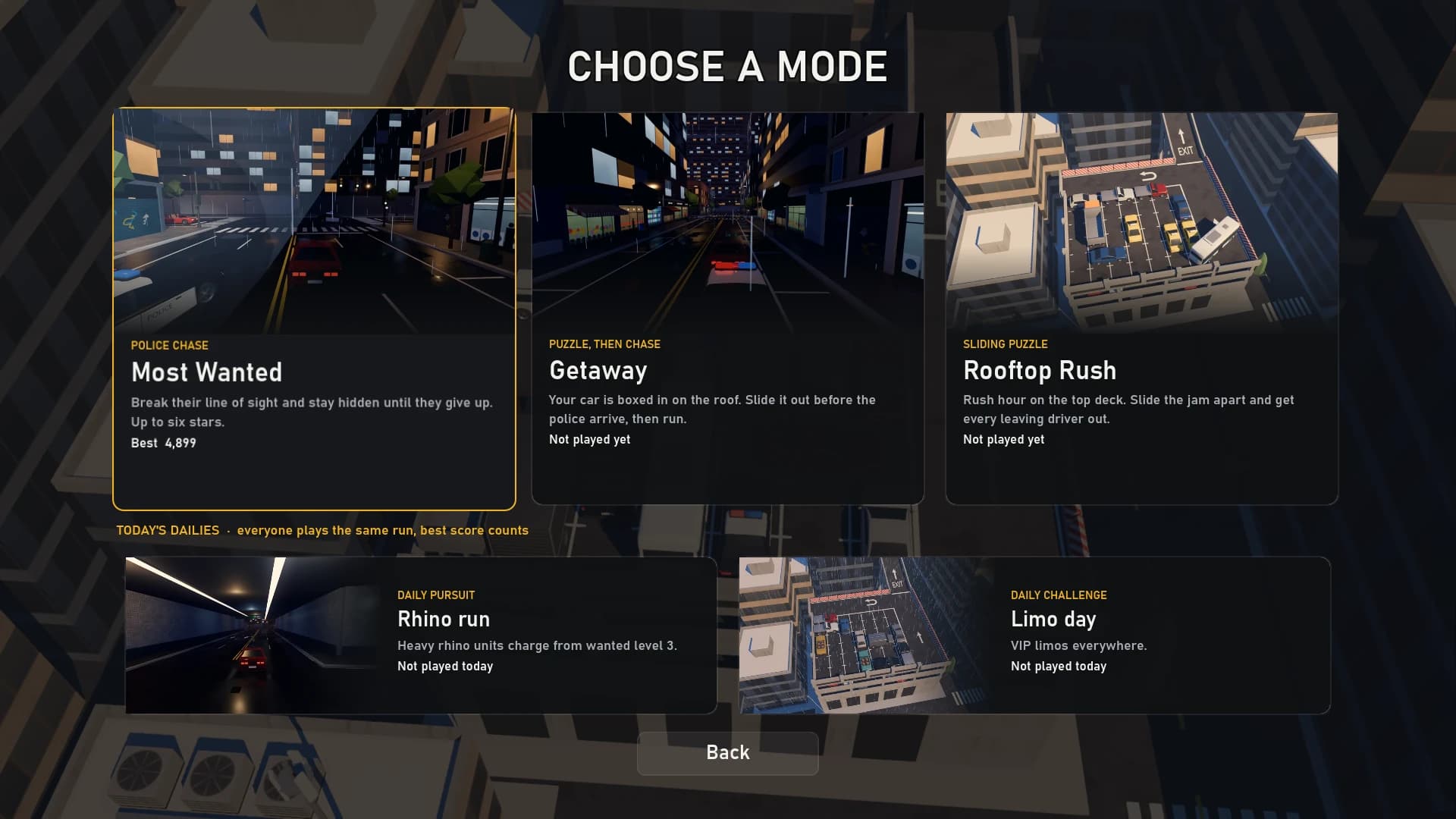 The Choose a mode screen with Most Wanted, Getaway, Rooftop Rush and two dailies