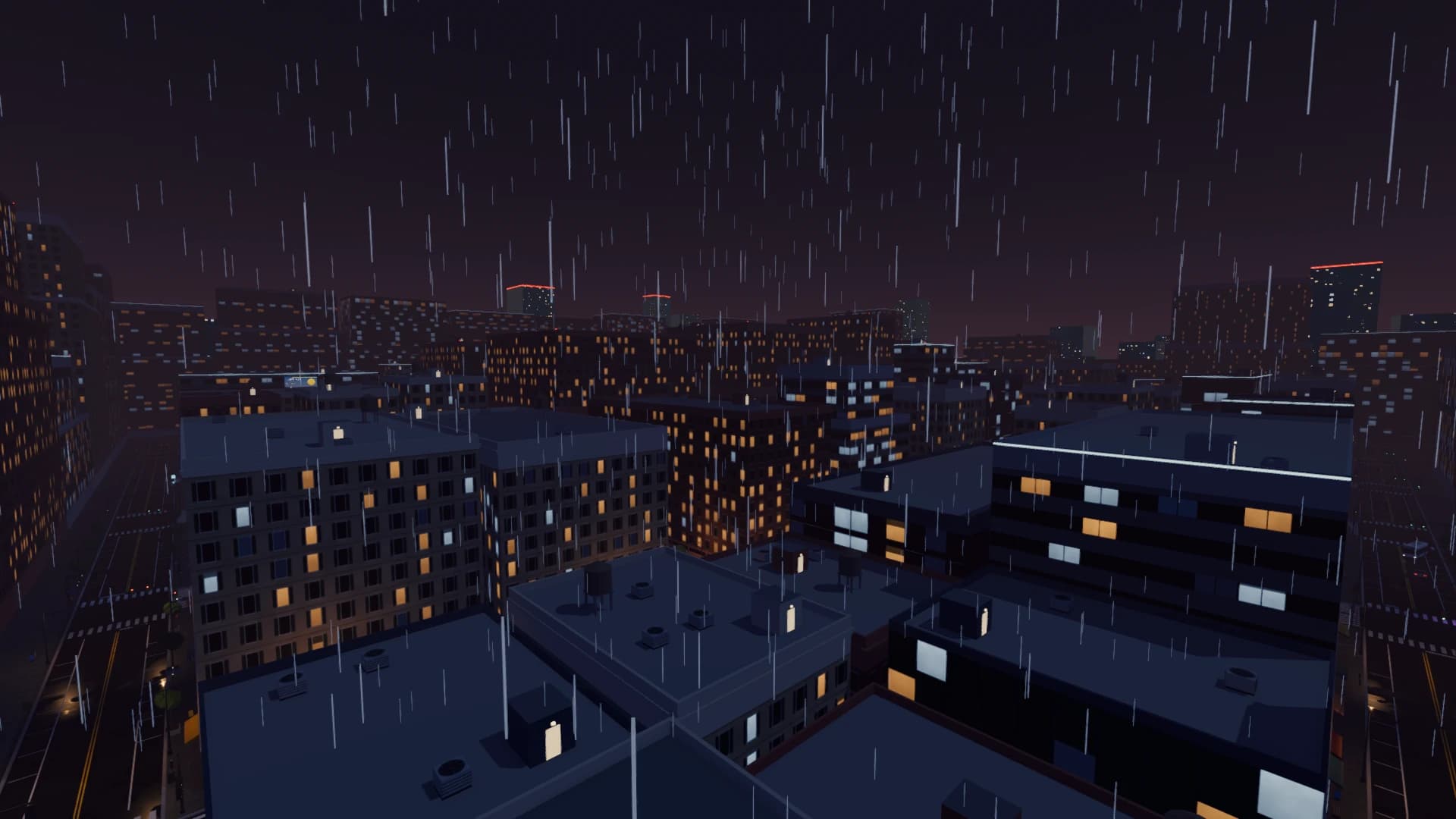 The rainy city skyline at night, lit windows across the rooftops