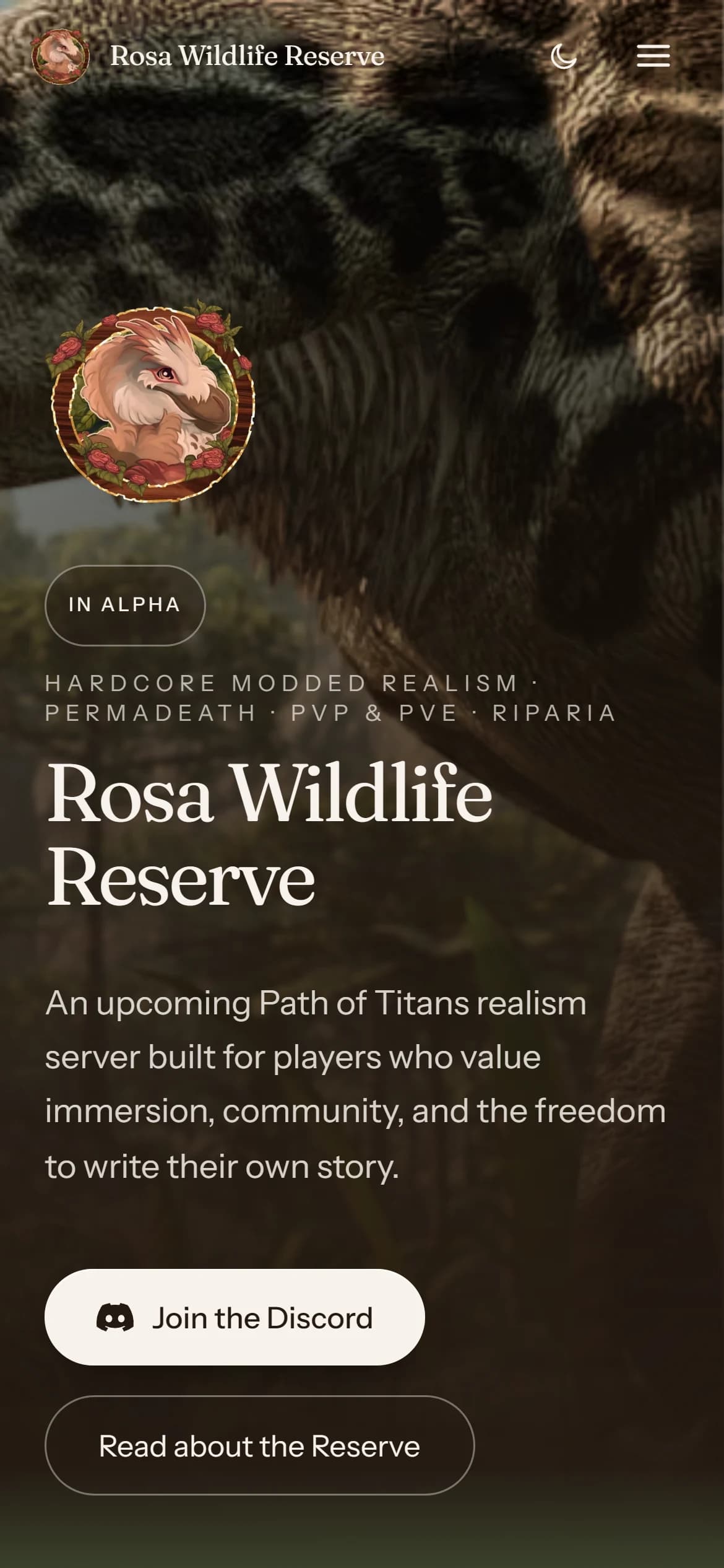 Rosa Wildlife Reserve home page on mobile