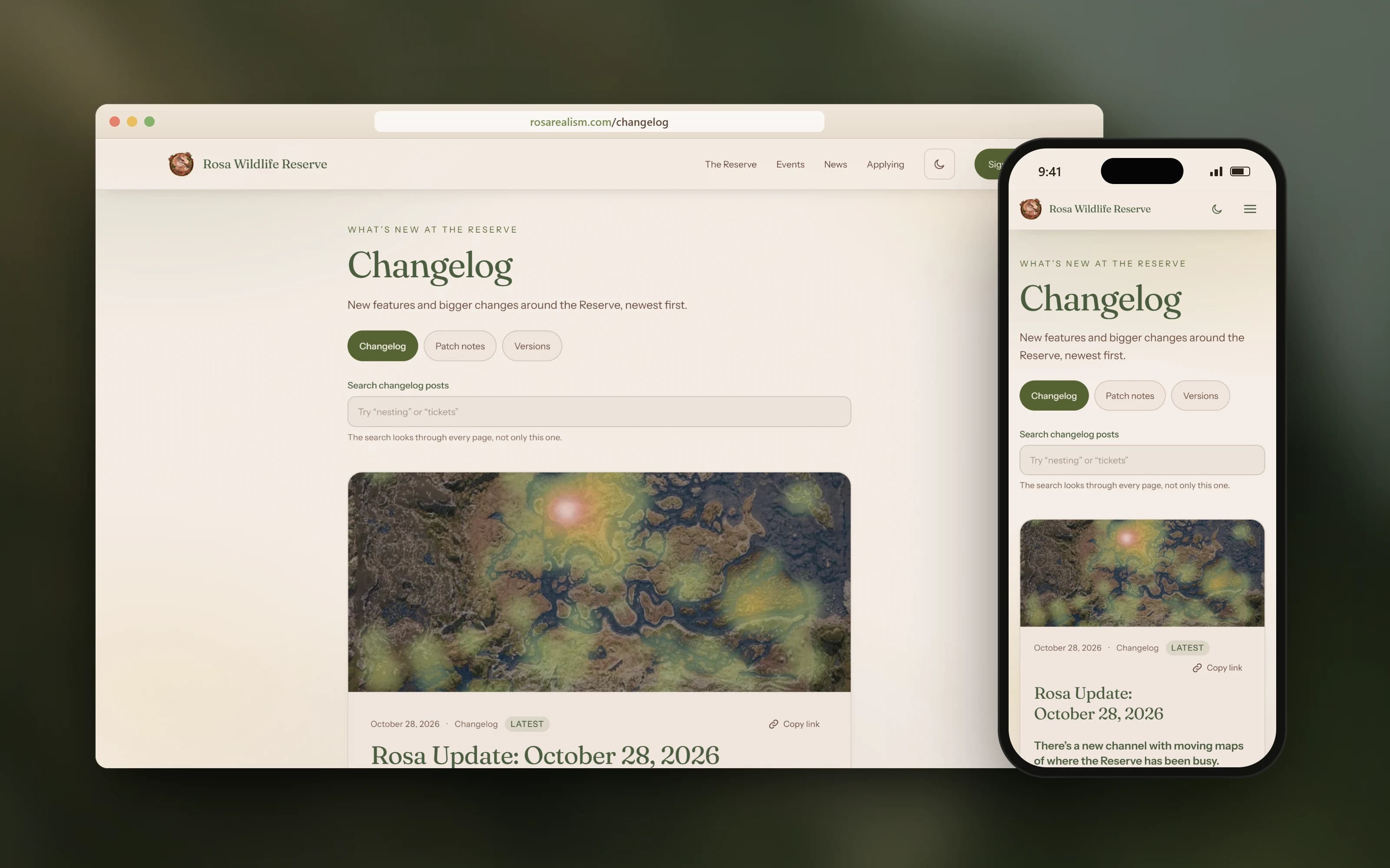 The changelog on desktop and on a phone