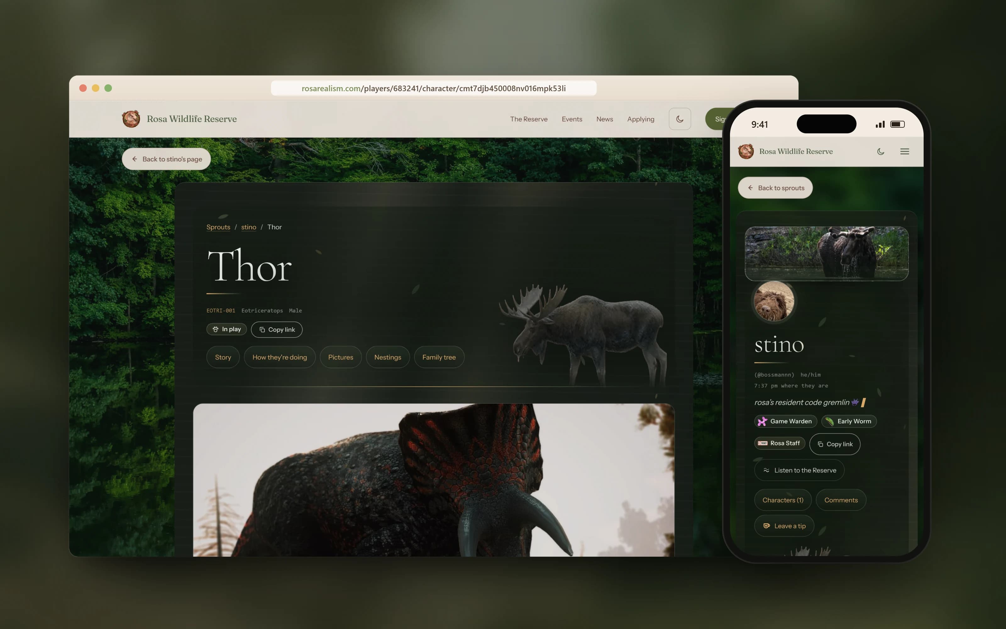 A character page on desktop next to a sprout page on a phone