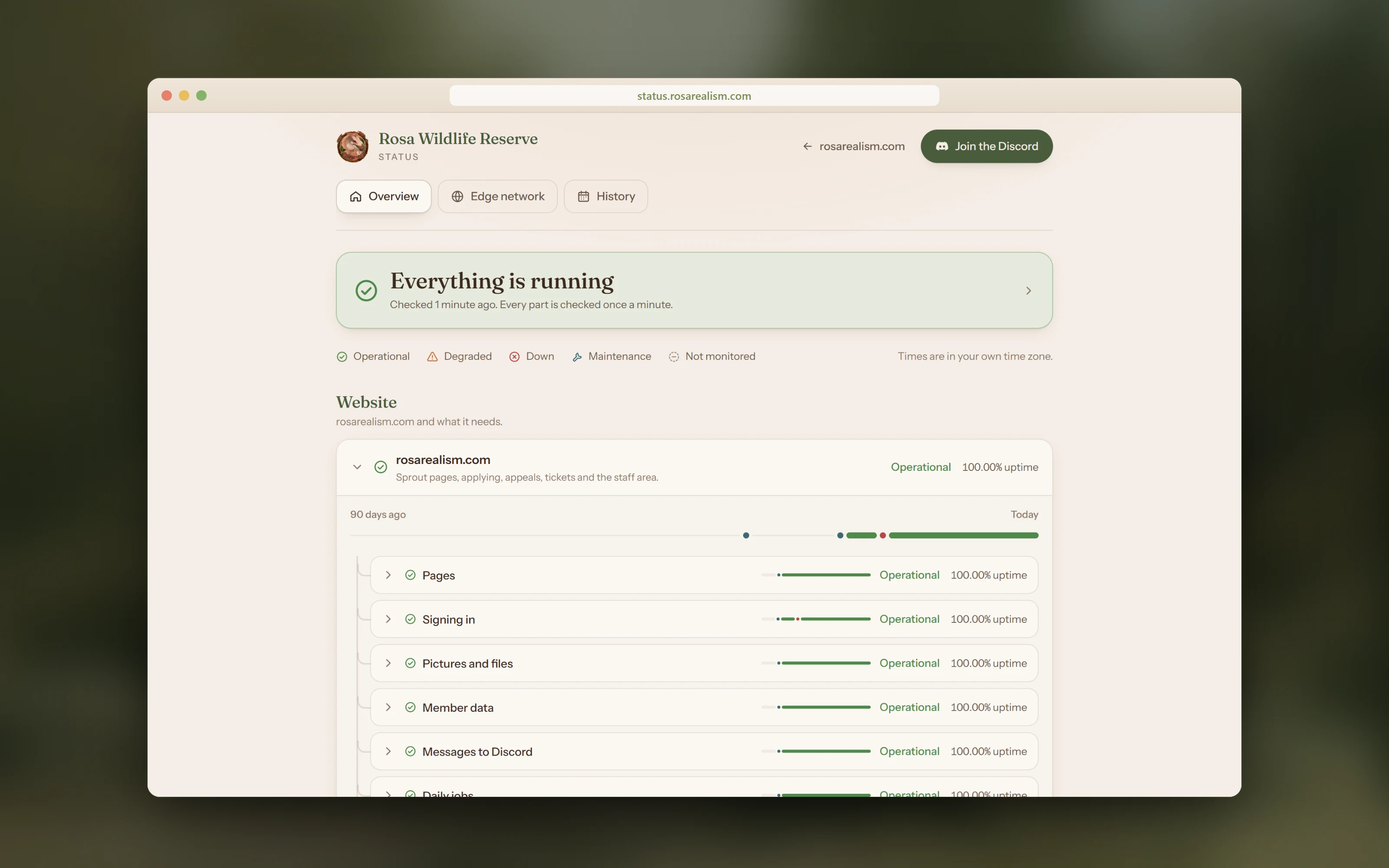 The live status page for the site, the bots and the game server