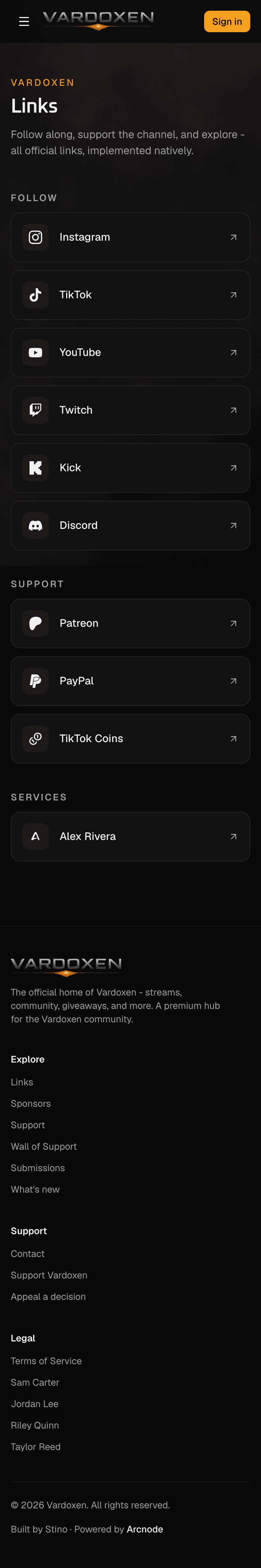 Vardoxen links page on mobile