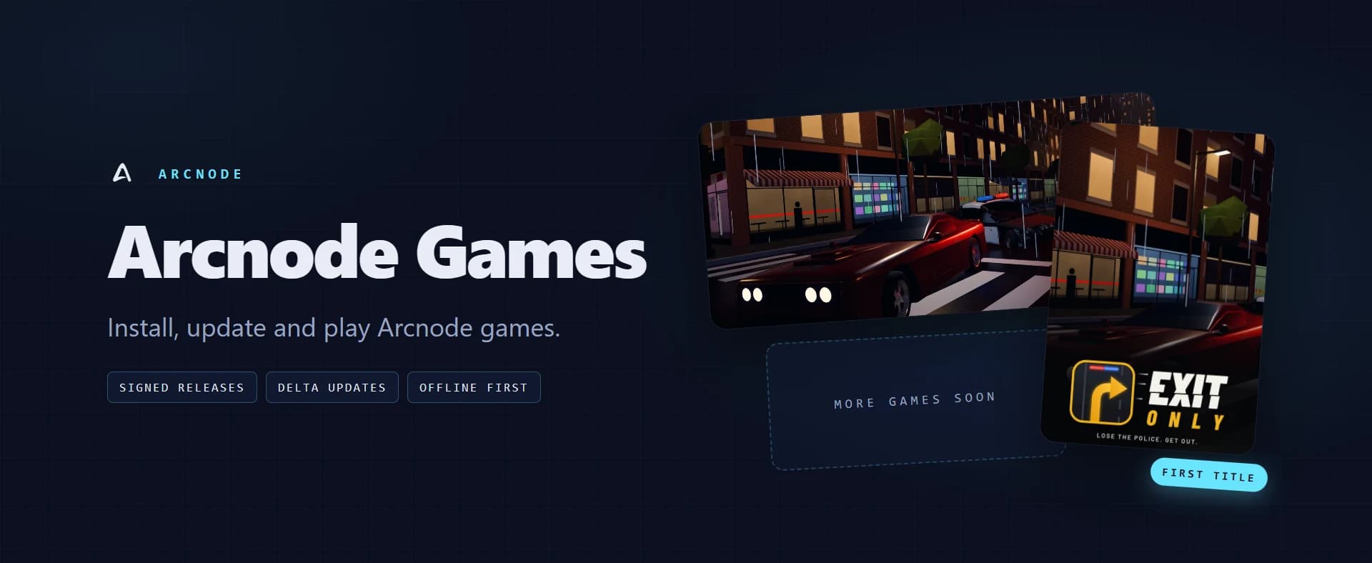 Arcnode Games key art: the Arcnode Games name beside Exit Only 0.5.0 artwork